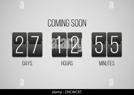 Coming soon flip countdown clock counter timer on a gray background Stock Vector