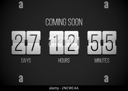 Coming soon flip countdown clock counter timer on a black background Stock Vector