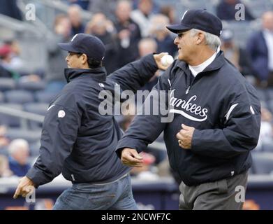 Former New York Yankees player Bucky Dent, left, and Pat Kelly embrace  during Yankees Old Timers Day at Yankee Stadium in New York, Sunday, July  1, 2012. (AP Photo/Kathy Willens Stock Photo 