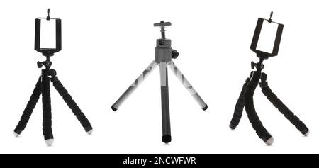 Set with modern tripods on white background, banner design Stock Photo