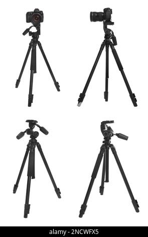 Set of modern tripods with professional cameras on white background Stock Photo