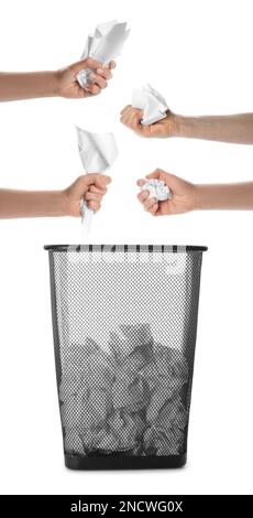 Women holding crumpled sheets of paper over trash bin, collage Stock Photo