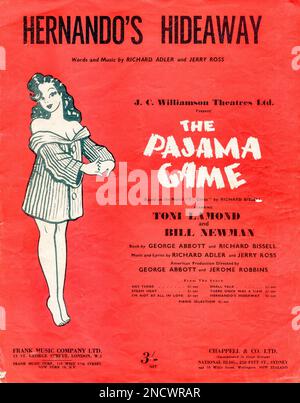 An Australian publication of the song Hernando's Hideaway from the musical, The Pajama Game. Music and lyrics by Richard Adler and Jerry Ross. Presented by J.C. Williamson Theatres Ltd starring Toni Lamond and Bill Newman. Based on the novel 'Seven and a half cents'. Sheet music published by Frank Music Company, London, 1954 and Chappel & Co. Ltd, Sydney, Australia Stock Photo