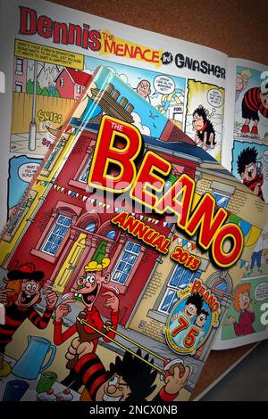 A Beano comic hardback annual, celebrating 75 years of Dennis The Menace, Roger the Dodger, Billy Whizz, Lord Snooty etc, published by DC Thompson DD1 Stock Photo