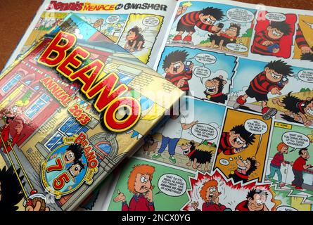 A Beano comic hardback annual, celebrating 75 years of Dennis The Menace, Roger the Dodger, Billy Whizz, Lord Snooty etc, published by DC Thompson DD1 Stock Photo