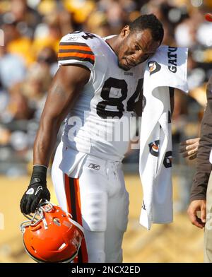 Cleveland Browns tight end Robert Royal bobbles the ball in the end zone in  the fourth quarter of an NFL game against the Pittsburgh Steelers in  Cleveland on January 2, 2011. The