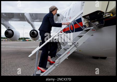 Image ©Licensed to Parsons Media. 15/07/2016. London, United Kingdom. Theresa May first week as the Prime Minister of United Kingdom. First week in office for the British Prime Minister Theresa May. The PM boards her plane at RAF Northolt  on route to Edinburgh to meet The  First Minister of Scotland Nicola Sturgeon Mandatory Credit..Picture by Andrew Parsons / Parsons Media Stock Photo