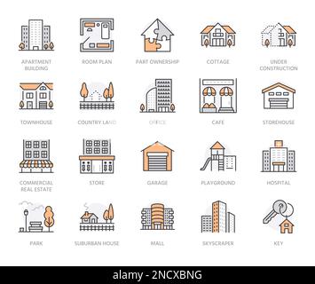 Real estate flat line icons set. House sale, commercial building, country home area, skyscraper, mall, kindergarten vector illustrations Stock Vector