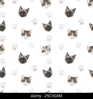 Seamless Watercolor Pattern With Cats, Pastel Paw Prints, Toys And 