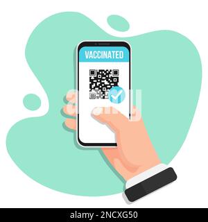 Digital COVID-19 certificate with QR code in a flat design. Hand holding smartphone with vaccinated info Stock Vector
