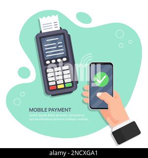 Successful payment operation. POS terminal confirms the payment by smartphone. Hand holding smartphone with mobile payment Stock Vector