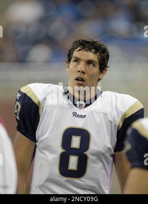 St. Louis Rams quarterback Sam Bradford (8) watches a replay after