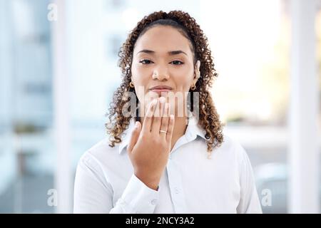 Portrait, deaf and black woman in office with thank you, hand and gesture on blurred mockup background. Face, cochlear implant and disability by girl Stock Photo