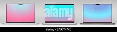 Mock-ups of laptops in a metal case. A set of realistic laptops with color screens on a gray gradient background. Stock Vector