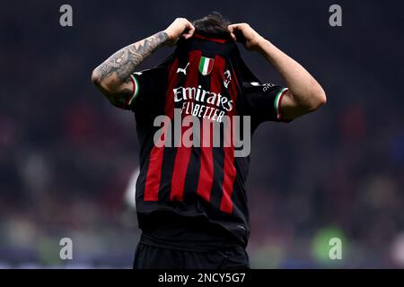 Sandro Tonali of Ac Milan looks dejected during the Uefa Champions League round of 16 first leg match between AC Milan and Tottenham Hotspur at Giuseppe Meazza Stadium on February 14, 2023 in Milan, Italy. Stock Photo