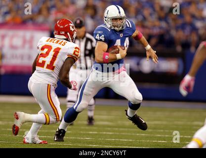 Indianapolis Colt's Dallas Clark (44) is hit by Denver Bronco Anton Palepoi  (95 in the AFC wild card playoff at the RCA Dome in Indianapolis, IN on  January 9, 2005. The Indianapolis