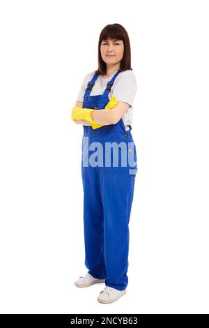 full length portrait of woman in blue robe uniform and yellow gloves isolated on white background Stock Photo