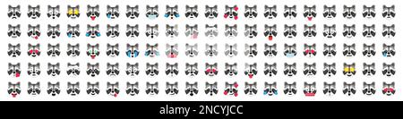 Big set of 100 racoon emoticon smile icons. Cartoon racoon emoji collection. Vector emoticon set Stock Vector