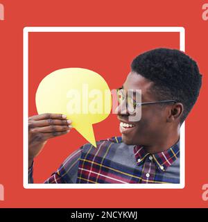 Speech bubble, mockup and man in studio for advertising, space and poster against red background. Billboard, branding and paper copy space by male Stock Photo