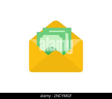 Money in envelope logo design. Money cash mail. American  dollar bills  lies in a yellow envelope vector design and illustration. Stock Vector