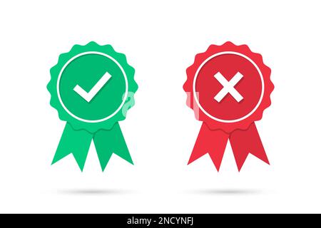 Check and cross medal icons in a flat design. Green approved and red rejected medal badge with shadow. Set of certified medal icons. Vector illustrati Stock Vector