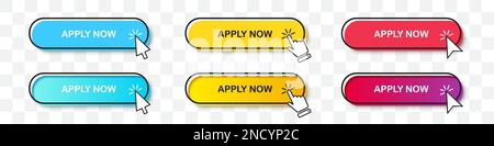 Apply Now buttons collection with cursor pointer in two styles. Flat design and gradient with shadow. Set of digital web button on a transparent backg Stock Vector