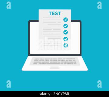 Online exam, checklist and online testing on laptop screen logo design. Online surveys form on the computer screen. Stock Vector