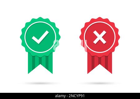 Check and cross medal icons in a flat design. Green approved and red rejected medal badge with shadow. Set of certified medal icons. Vector illustrati Stock Vector