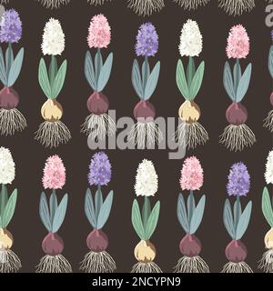 Hyacinth seamless pattern, botanical vintage style. Hyacinths with onion, roots, leaves and flowers on dark background. Vector illustration. Stock Vector