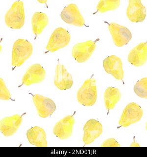 Seamless pattern with yellow vector pears. Ripe juicy fruits. Watercolor hand drawn illustration for packing design. All over print. Stock Vector