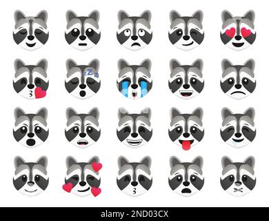 Racoon emoticon smile icons collection. Cartoon racoon emoji set ...