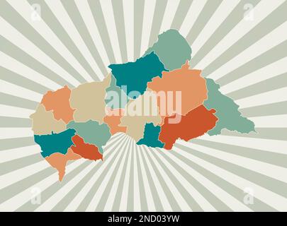 CAR map. Poster with map of the country in retro color palette. Shape of CAR with sunburst rays background. Vector illustration. Stock Vector