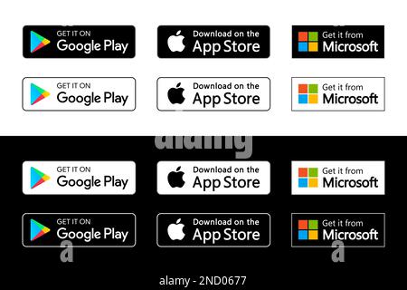 Set of Google Play Store, Apple App Store and Microsoft Store badges Stock Vector