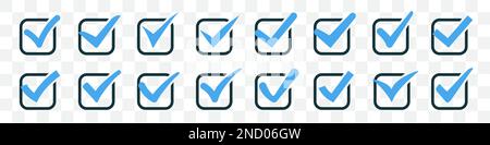 Set of blue check marks or ticks in boxes Stock Vector