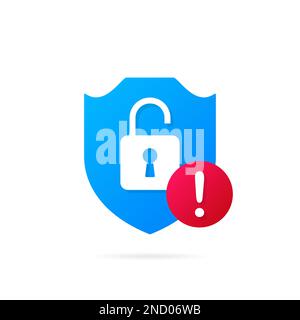 Open protection system. Blue shield with open lock and warning sign. Security guard symbol Stock Vector