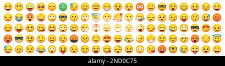 Big set of 100 emoticon smile icons. Cartoon emoji set. Vector emoticon set Stock Vector