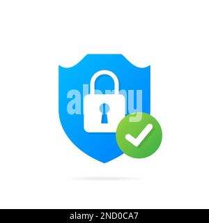 Closed protection system. Blue shield with closed lock and checkmark sign. Security guard symbol Stock Vector