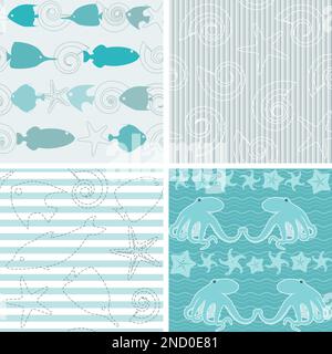 Colorful collection of sea life seamless patterns Stock Vector