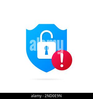 Open protection system. Blue shield with open lock and warning sign. Security guard symbol Stock Vector