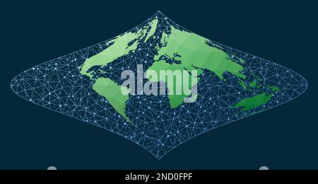 Illustration of global network. Focault projection. Green low poly world map with network background. Stock Vector