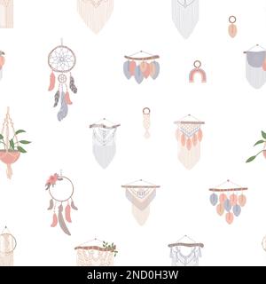 Vector seamless pattern with illustrations in boho style. Bohemian background with macrame, dream catchers, indoor plants in hanging pots. Flat style isolated on white background. Stock Vector