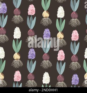Hyacinth seamless pattern, botanical vintage style. Hyacinths with onion, roots, leaves and flowers on dark background. Vector illustration. Stock Vector