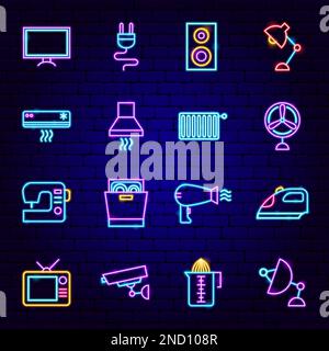 Household Electronics Neon Icons Set Stock Vector