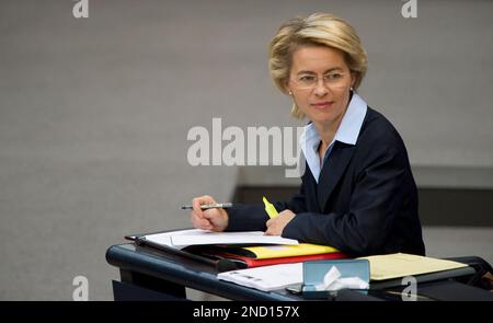German Labour Minister Ursula von der Leyen sits on the government bench during a debate in the German Federal Parliament in Berlin, on Thursday, Sept. 30, 2010. (AP Photo/Gero Breloer)