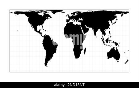 Black world map on white background. Cylindrical equal-area projection. Plan world geographical map with graticlue lines. Vector illustration. Stock Vector