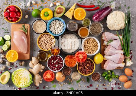 Healthy food vegetables, fruits grains, nuts, cereals and fruits, top view. Diet and healthy eating concept Stock Photo