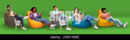 Diverse Young People Relaxing Using Smartphones While Sitting In Armchairs At Home Stock Photo