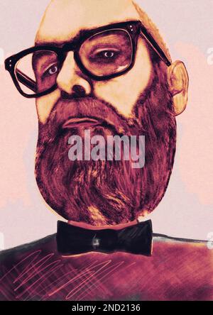 Vector image of low angle of confident serious bearded male in eyeglasses and bow tie against beige background Stock Photo