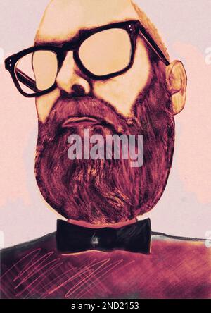 Vector image of low angle of confident serious bearded male without eyes in eyeglasses and bow tie against beige background Stock Photo