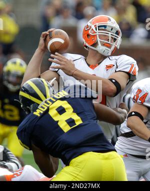 Michigan Linebacker (8) Jonas Mouton lines up for a play in the Gator Bowl  against Mississippi